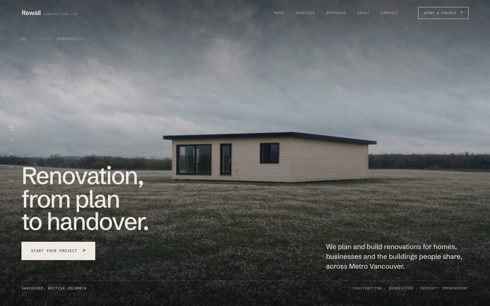 The homepage of rewallconstruction.com: a lone house in a field of flowers under a grey sky, with the headline 'Renovation, from plan to handover.'